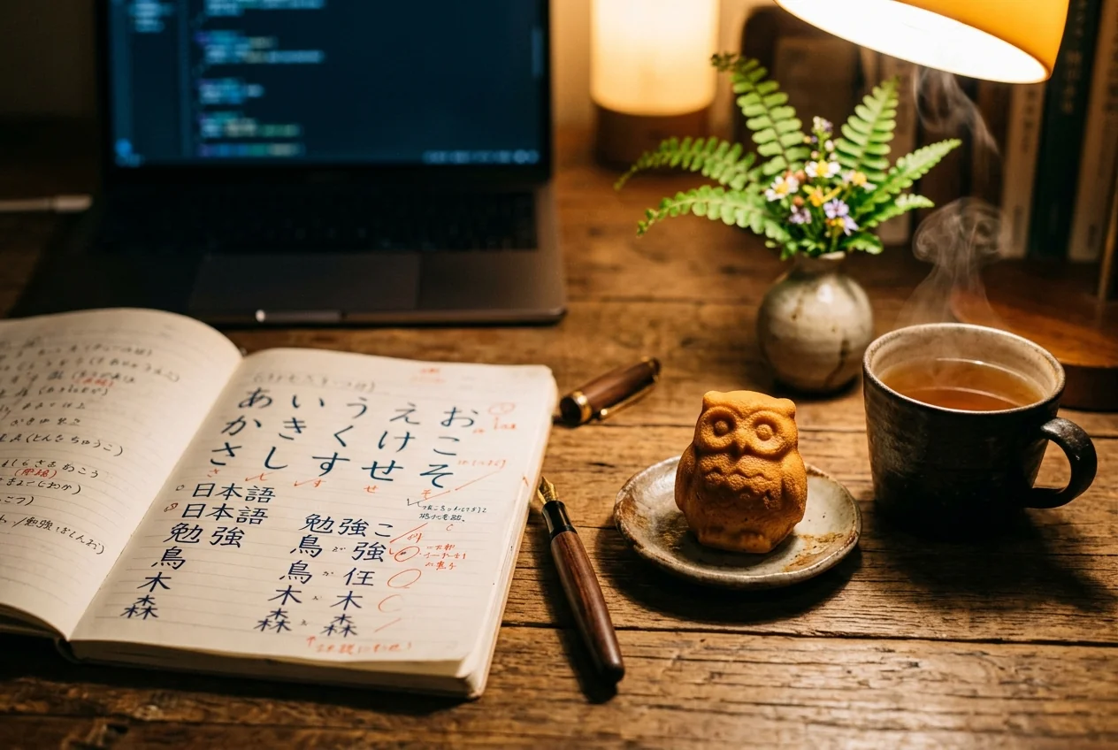 夜裡書桌上的日語筆記本與貓頭鷹雞蛋糕
