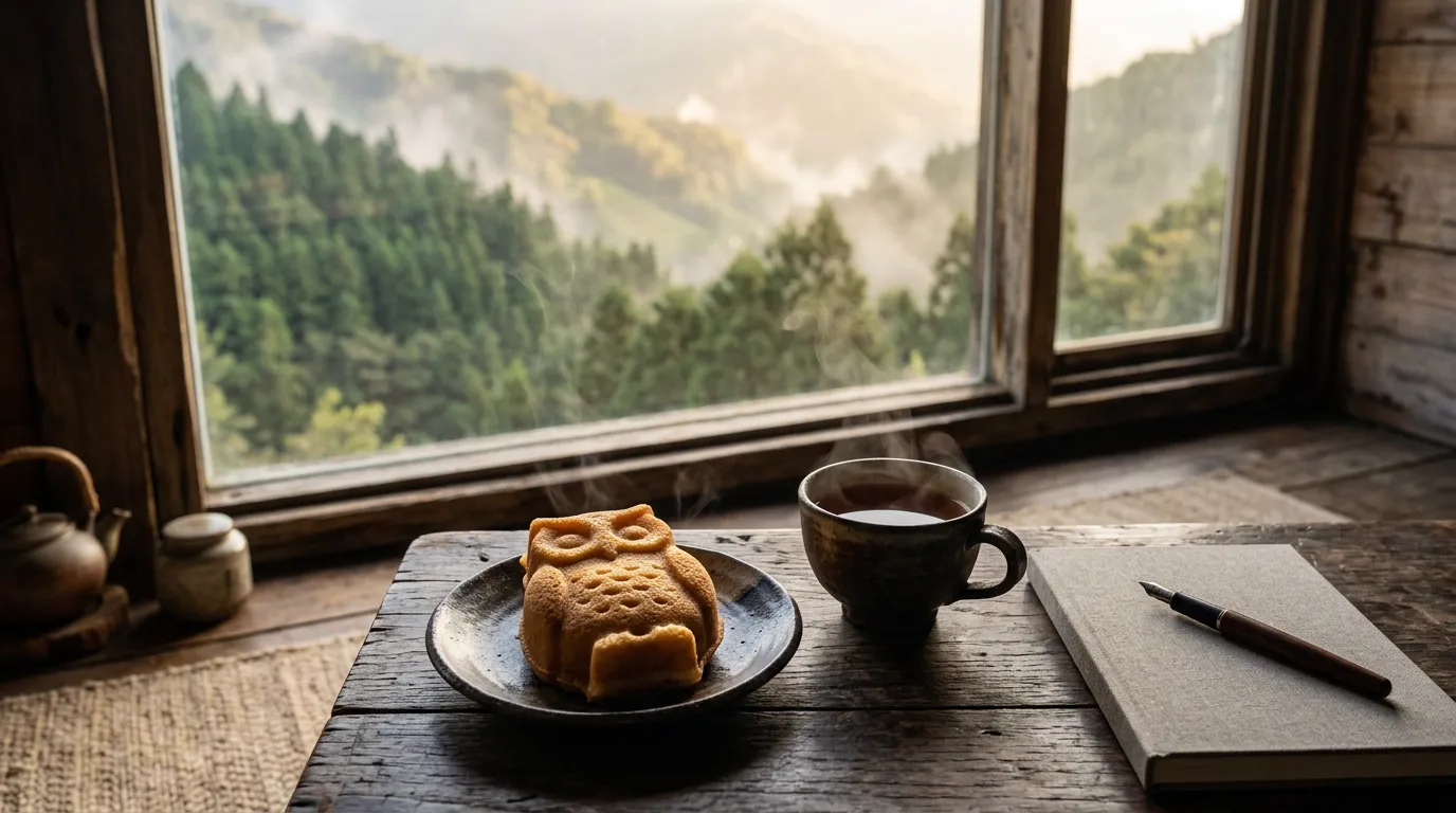 窗邊的貓頭鷹雞蛋糕與筆記本，窗外是山景